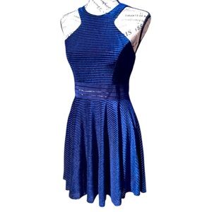 Blue Metallic Mesh Lace Fit N Flare Dress prom holiday Christmas date hoco